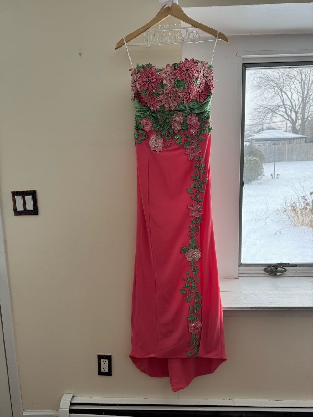 Sherri Hill Strapless Coral Pink Gown with Green Floral Appliqué